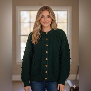Athena Designs Handknit Pure Wool Cable Knit Pom Pom Cardigan Sweater Green NWT
